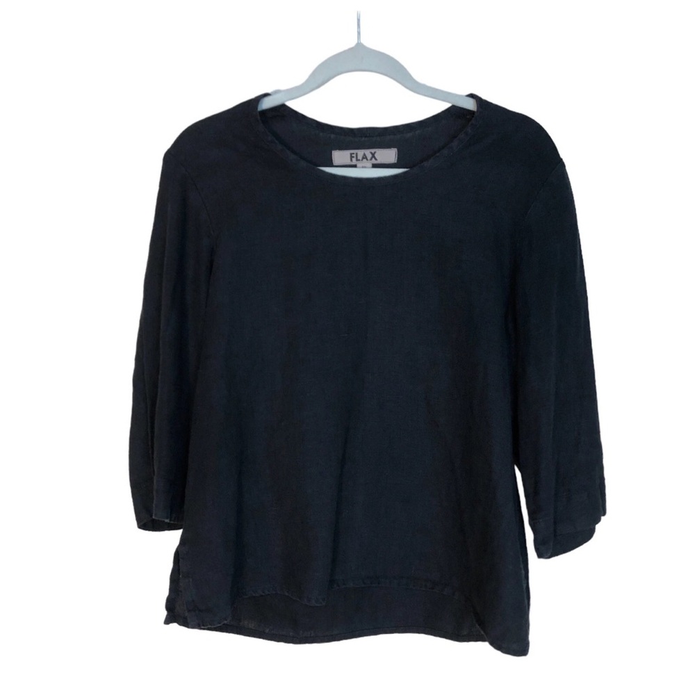 FLAX Women's Linen Shirt Top 3/4 Sleeve Black Size P (small) Lagenlook